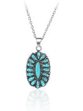 Natural Turquoise Necklace Boho Bead Silver Cross Vintage Statement Pendant Neck